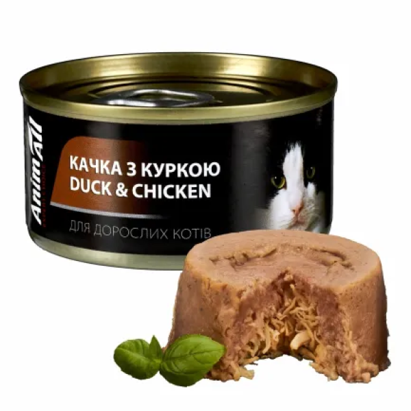 Вологий корм для котів AnimAll з качкою та куркою 80 г, супер преміум, для дорослих котів